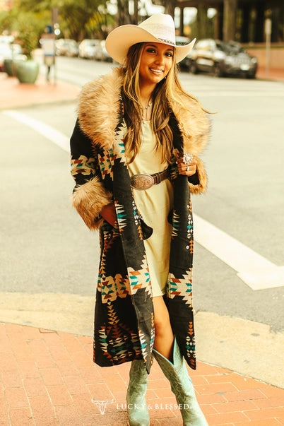*PREORDER* Black Aztec Coat with Fur Collar and Sleeves